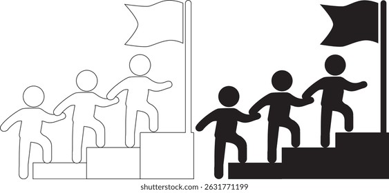 Business Leadership Concept. Vector illustration in flat style of a group of diverse people in business attire walking up the stairs following a leader looking forward. Isolated on background