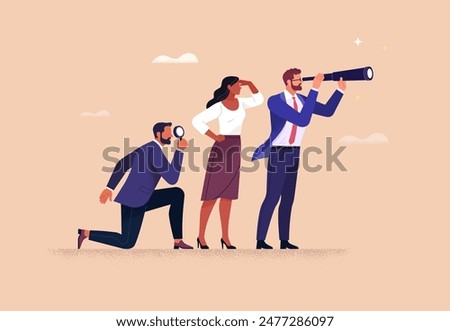 Business Leadership Concept. Vector illustration in flat style of three diverse people in business  outfits looking forward. Isolated on background 