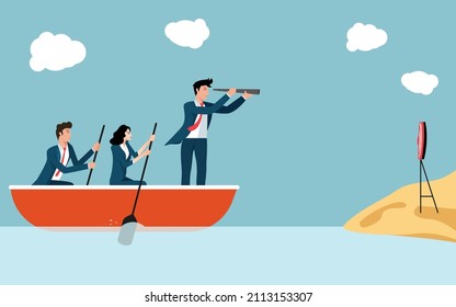 Business leadership concept vector, leader sailing boat with a telescope helps team to reach the goal.