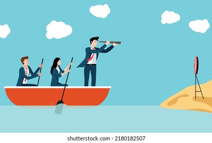 Business leadership concept vector, leader sailing boat with a telescope helps team to reach the goal