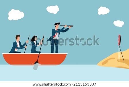 Business leadership concept vector, leader sailing boat with a telescope helps team to reach the goal.