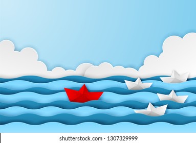 Business leadership ,financial concept. Paper boat red leadership to sea go to success goal. paper art style. creative idea. vector ,illustration.