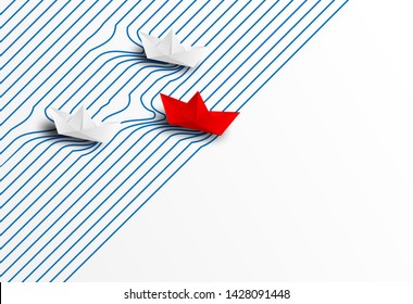 Business Leadership ,financial Concept. Paper Boat Red Leadership To Success Goal. Paper Art Style. Creative Idea. Vector.