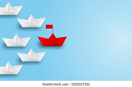 Business leadership ,financial concept. paper boat red leadership to sea go to success goal. paper art style. creative idea. vector ,illustration.