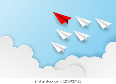 Business  leadership ,financial concept. Red paper plane leadership  to sky go to success goal. paper art style. creative idea. vector illustration. 