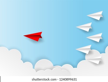 Business  leadership ,financial concept. Red paper plane leadership  to sky go to success goal. paper art style. creative idea. vector illustration. 
