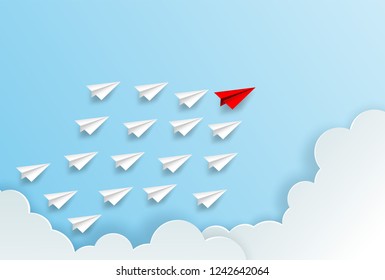 Business  leadership ,financial concept. Red paper plane leadership  to sky go to success goal. paper art style. creative idea. vector illustration. 