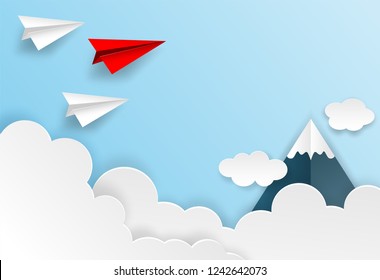 Business  leadership ,financial concept. Red paper plane leadership  to sky go to success goal. paper art style. creative idea. vector illustration. 