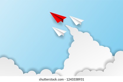 Business  leadership ,financial concept. Red paper plane leadership  to sky go to success goal. paper art style. creative idea. vector illustration.