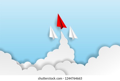 Business  leadership ,financial concept. Red paper plane leadership  to sky go to success goal. paper art style. creative idea. vector illustration.