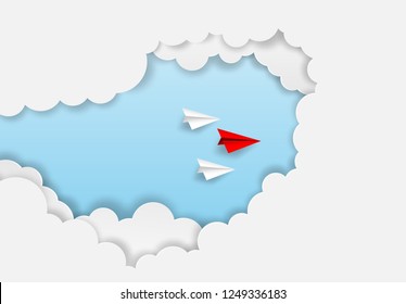 Business  leadership ,financial concept. Red paper plane leadership  to sky go to success goal. paper art style. creative idea. vector illustration.