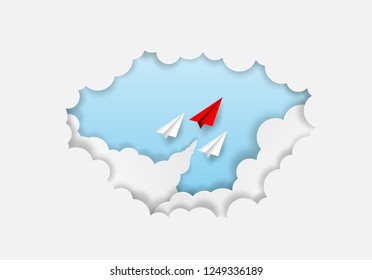 Business  leadership ,financial concept. Red paper plane leadership  to sky go to success goal. paper art style. creative idea. vector illustration.