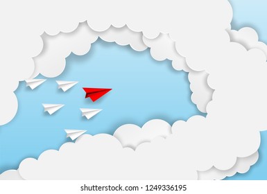 Business  leadership ,financial concept. Red paper plane leadership  to sky go to success goal. paper art style. creative idea. vector illustration.