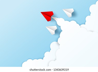 Business  leadership ,financial concept. Red paper plane leadership  to sky go to success goal. paper art style. creative idea. vector ,illustration.