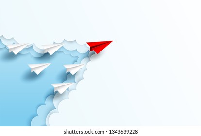 Business  leadership ,financial concept. Red paper plane leadership  to sky go to success goal. paper art style. creative idea. vector ,illustration.