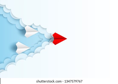 Business  leadership ,financial concept. Red paper plane leadership  to sky go to success goal. paper art style. creative idea. vector ,illustration.