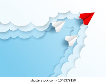 Business  leadership ,financial concept. Red paper plane leadership  to sky go to success goal. paper art style. creative idea. vector ,illustration.