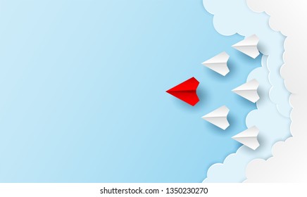 Business  leadership ,financial concept. Red paper plane leadership  to sky go to success goal. paper art style. creative idea. vector ,illustration.