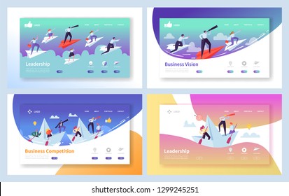 Business Leadership Growth Landing Page Set. Manager Team Challenge For Finance Profit. People Character Reaching Forward Direction Metaphor Concept For Website Flat Cartoon Vector Illustration