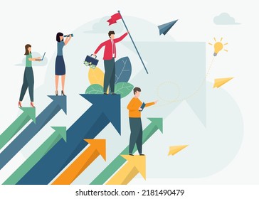 Business leadership and growth, Successful businessman standing on the arrow, which pointing up as symbol of achievement, Businessman looking forward. successful way. vector illustration.