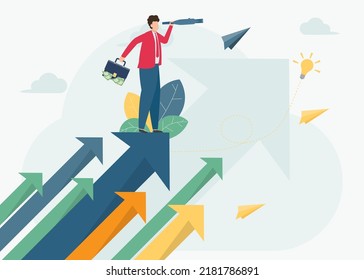 Business leadership and growth, Successful businessman standing on the arrow, which pointing up as symbol of achievement, Businessman looking forward. successful way. vector illustration.