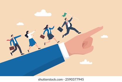 Business leadership guiding team to success, teamwork for goal achievement, leader with flag leading employees on pointing hand, career growth, motivation, corporate direction, strategy, and vision.