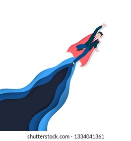 Business leadership as a hero concept for successful, achievement and the winner manager in business competition. Flat design characters and paper art depth layers vector illustration.