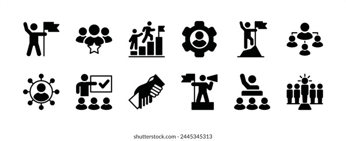 Business leadership icon set. Containing teamwork, team, partnership, work group, human resources manager, achievement, campaign, motivation, support, structure hierarchy. vector illustration