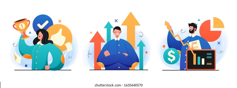 Ilustraciones de Business Leadership. Concepto Ilustración de diferentes líderes que alcanzan sus objetivos. Perfecto para diseño web, banner, aplicación móvil, página de inicio. Vector