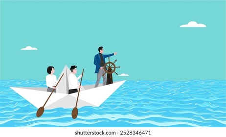 business leadership lead team to the right direction, career direction to reach work achievement, employee teamwork to help success, businessman boat captain control the direction of business