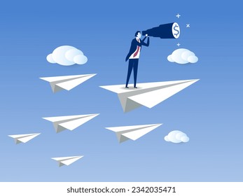 Business leadership,  man power to lead company to achieve target, smart confidence businessman standing on leading flying paper airplane origami pointing finger to the direction to reach goal.