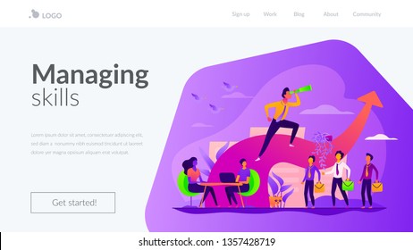 Business leadership, managing skills, leadership training plan and success achievement concept. Website homepage interface UI template. Landing web page with infographic concept hero header image.