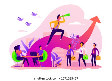 Business leadership, managing skills, leadership training plan and success achievement concept. Vector isolated concept illustration with tiny people and floral elements. Hero image for website.