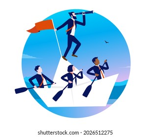 Business leadership - People all in the same boat working to find the way forward. Leader and teamwork concept. Vector illustration with white background