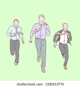 Business leadership race competition. Business man leader competing running towards viewer. Motivated & determined smiling entrepreneurs run racing against rivals. Flat line vector illustration