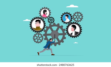 business leadership, skills to direct business operations or design business strategies, business driver or mentor concept, businessman turn gears to move the gears of other employees or staff