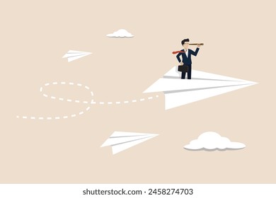 Business leadership, smart confident businessman standing on flying paper airplane origami leading to achieve goal.