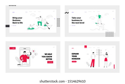 Business Leadership, Social Media Blogging, Crossroad Website Landing Page Set. Business People Lifestyle, Choosing Road in Life, Challenge Web Page Banner. Cartoon Flat Vector Illustration, Line Art