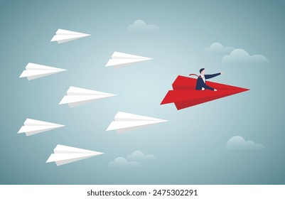 Business leadership and success concept. Businessman sitting on a plane paper and leading a team to a target.