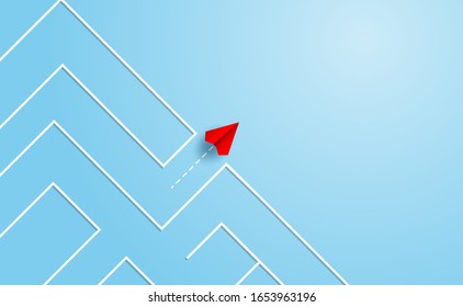 Business leadership ,success concept. Red paper plane leadership to  through maze or labyrinth to success goal. paper art style. creative idea. vector illustration.