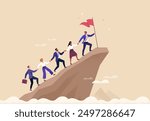 Business Leadership and Support Concept. Vector illustration of a group of diverse people climbing up to the top of a mountain, following a leader with a flag in his hand. Isolated on background 