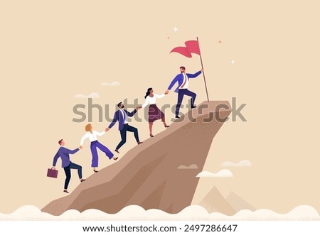 Business Leadership and Support Concept. Vector illustration of a group of diverse people climbing up to the top of a mountain, following a leader with a flag in his hand. Isolated on background 
