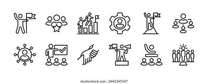 Conjunto de iconos de línea delgada de liderazgo empresarial. Conteniendo trabajo en equipo, equipo, sociedad, grupo de trabajo, gestor de recursos humanos, logro, campaña, motivación, Asistencia, estructura jerarquía Ilustración vectorial