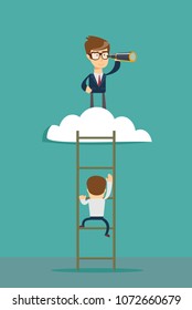 Business leadership vector concept with businessman standing on a ladder going throught the cloud and looking to future with telescope.