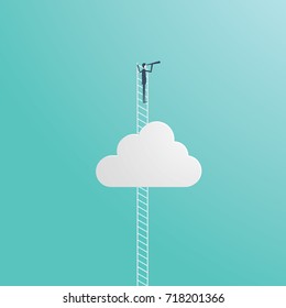 Business leadership vector concept with businessman standing on a ladder going throught the cloud and looking to future with telescope. Eps10 vector illustration.