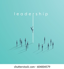 Business Leadership Vector Concept With Business Man Climbing On A Rope In Front Of Team. Eps10 Vector Illustration.