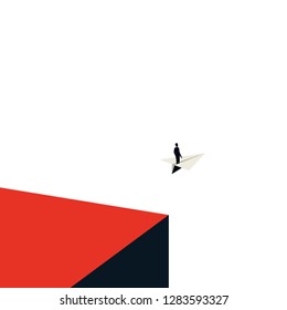 Business leadership vector concept with in minimalist art style. Businessman flying on a paper plane. Symbol of leader, future, ambition and business success. Eps10 vector illustration.