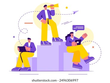 Business Leadership Vector Illustration with A Businessman Leader Helping the Team Develop Themselves to Achieve Success in a Flat Cartoon Background