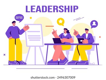 Business Leadership Vector Illustration with A Businessman Leader Helping the Team Develop Themselves to Achieve Success in a Flat Cartoon Background