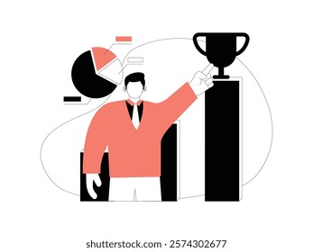 Business Leadership. Vector illustration in flat style of a man working in an office wearing a uniform, he also holds a trophy in his hand.
design, vector, illustration